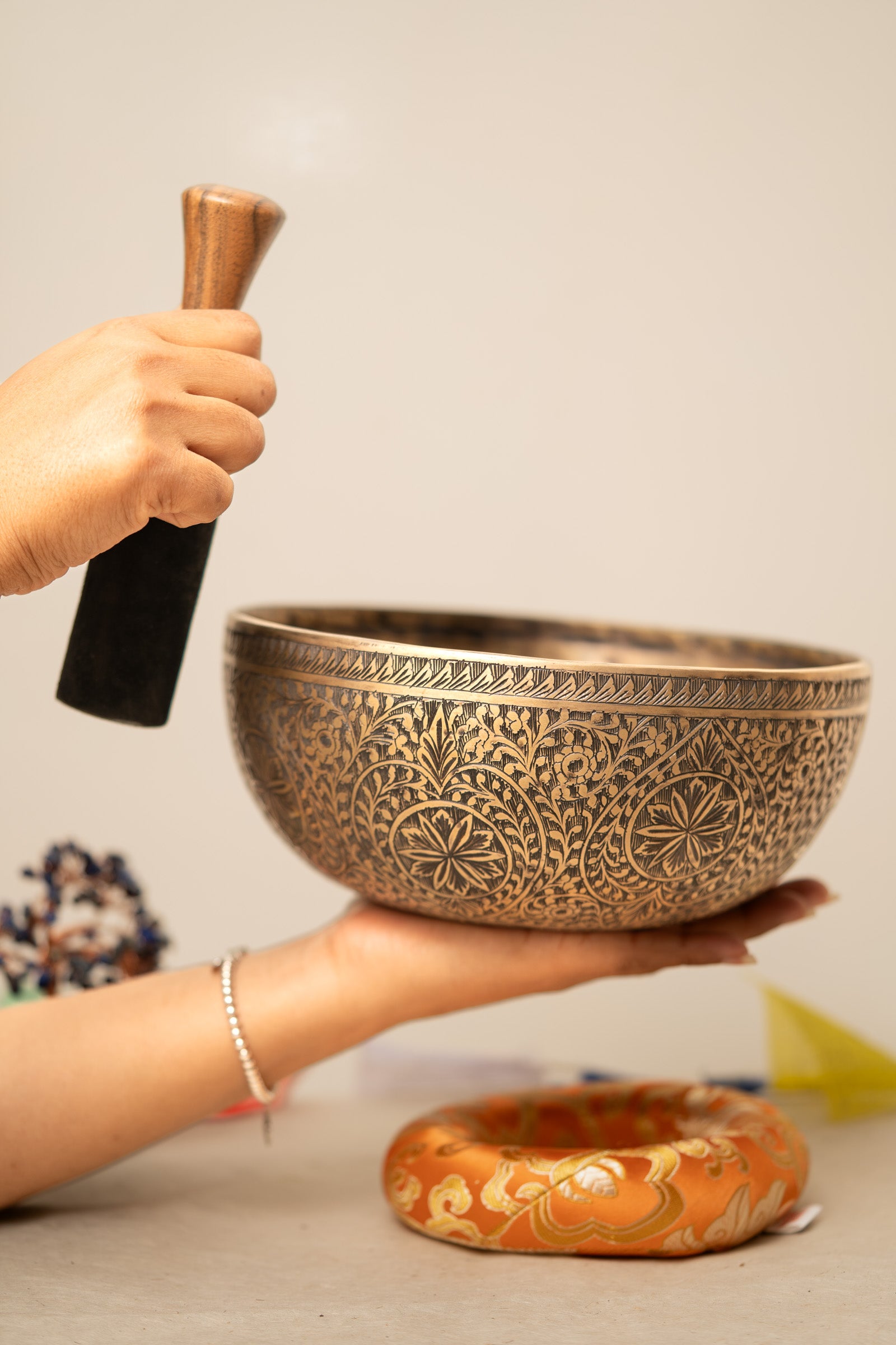 Floral Carved Singing Bowl for meditation.