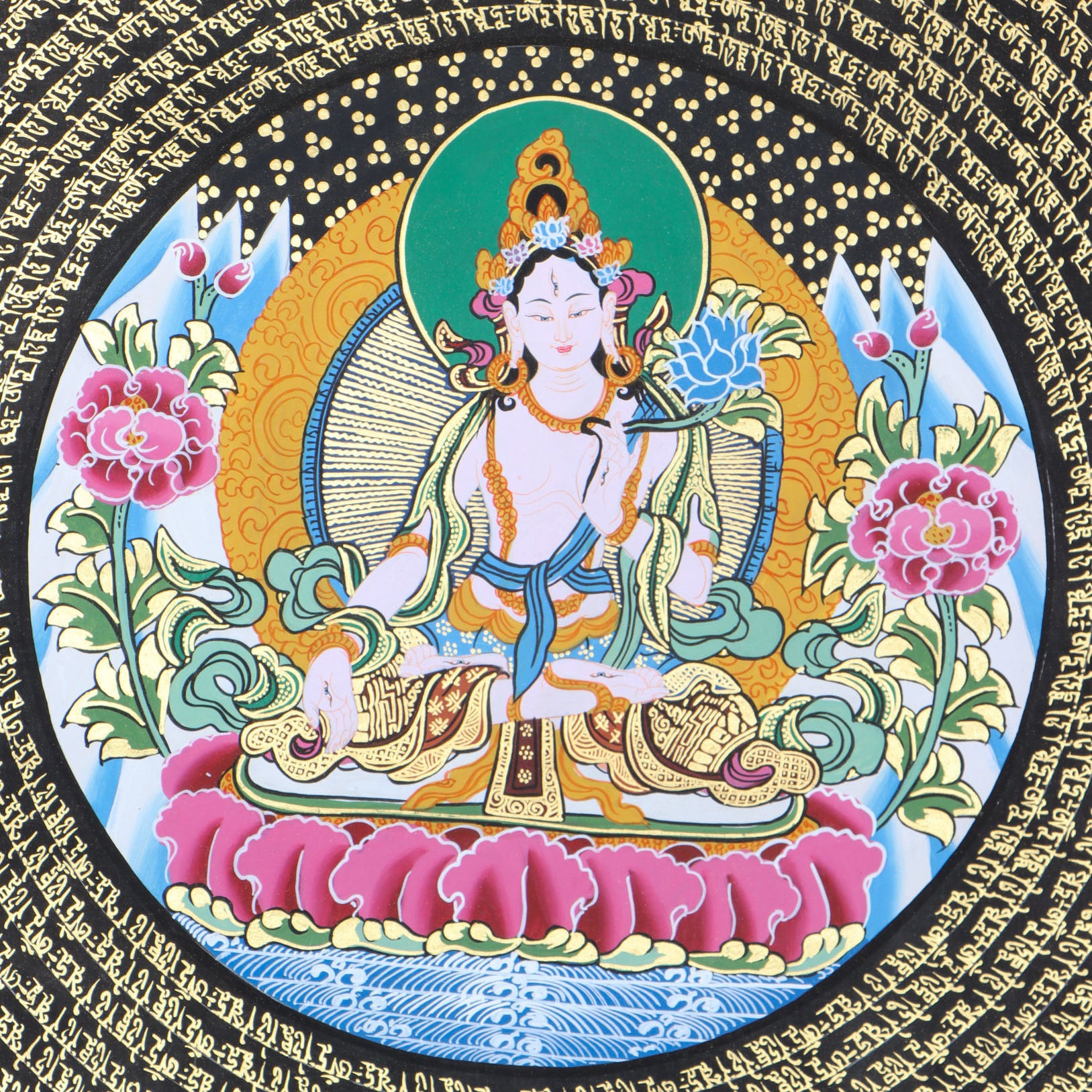 White Tara Mandala Thangka for spiritual practices and mini altar.