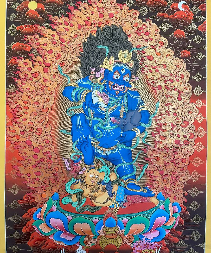 Zambala Thangka Painting - Tibetan Art Wrathful Zambala – Symbolizes wealth, protection, and overcoming financial obstacles.