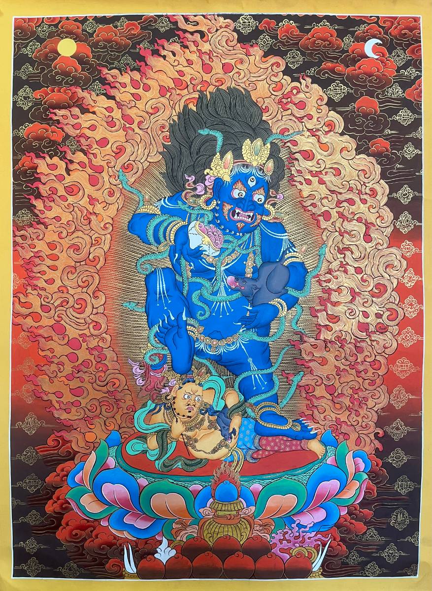 Zambala Thangka Painting - Tibetan Art Wrathful Zambala – Symbolizes wealth, protection, and overcoming financial obstacles.