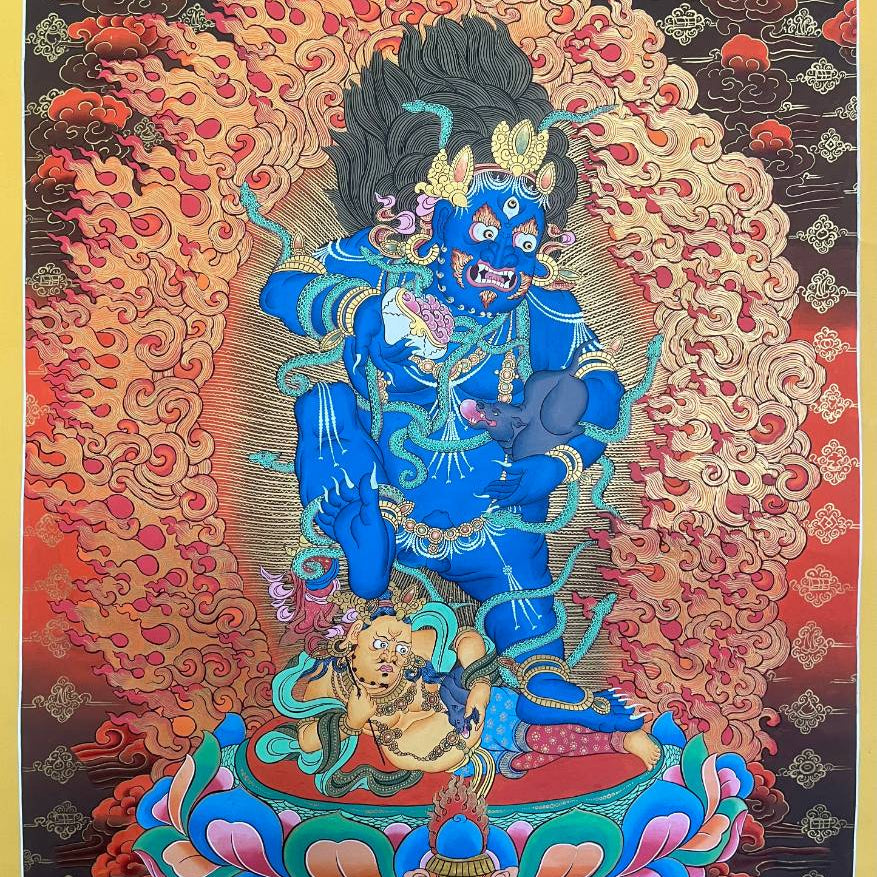 Zambala Thangka Painting - Tibetan Art Wrathful Zambala – Symbolizes wealth, protection, and overcoming financial obstacles.