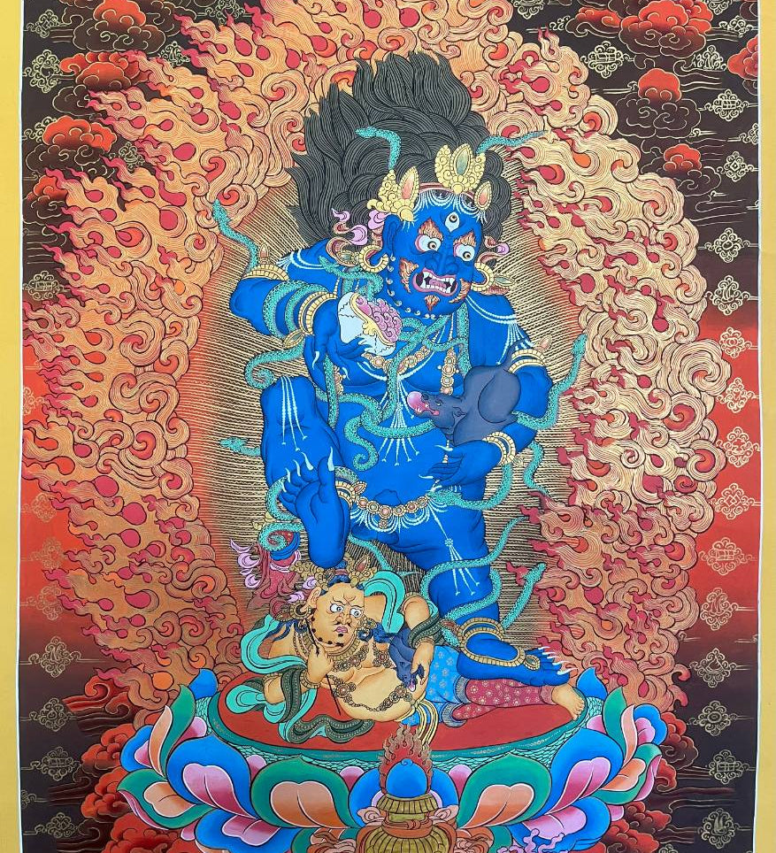 Zambala Thangka Painting - Tibetan Art Wrathful Zambala – Symbolizes wealth, protection, and overcoming financial obstacles.