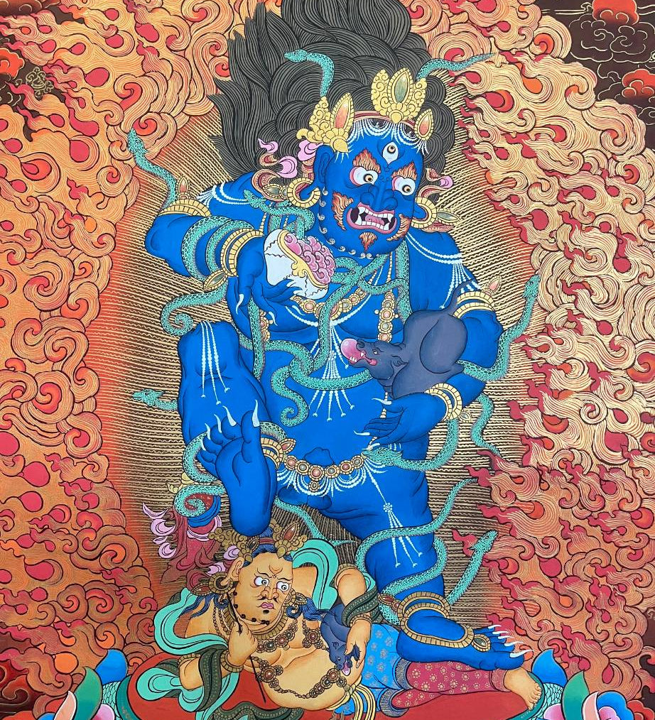 Zambala Thangka Painting - Tibetan Art-Wrathful Zambala – Symbolizes wealth, protection, and overcoming financial obstacles.