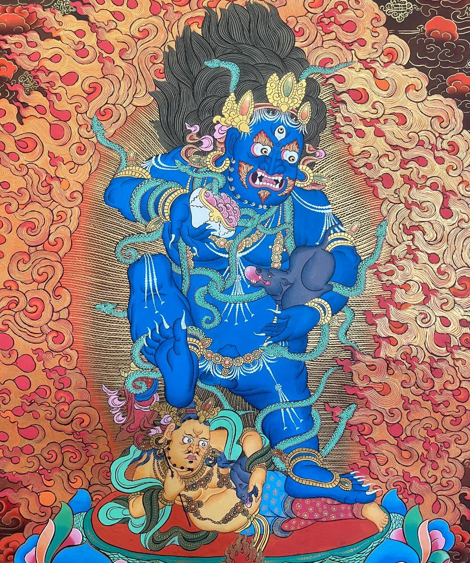 Zambala Thangka Painting - Tibetan Art-Wrathful Zambala – Symbolizes wealth, protection, and overcoming financial obstacles.