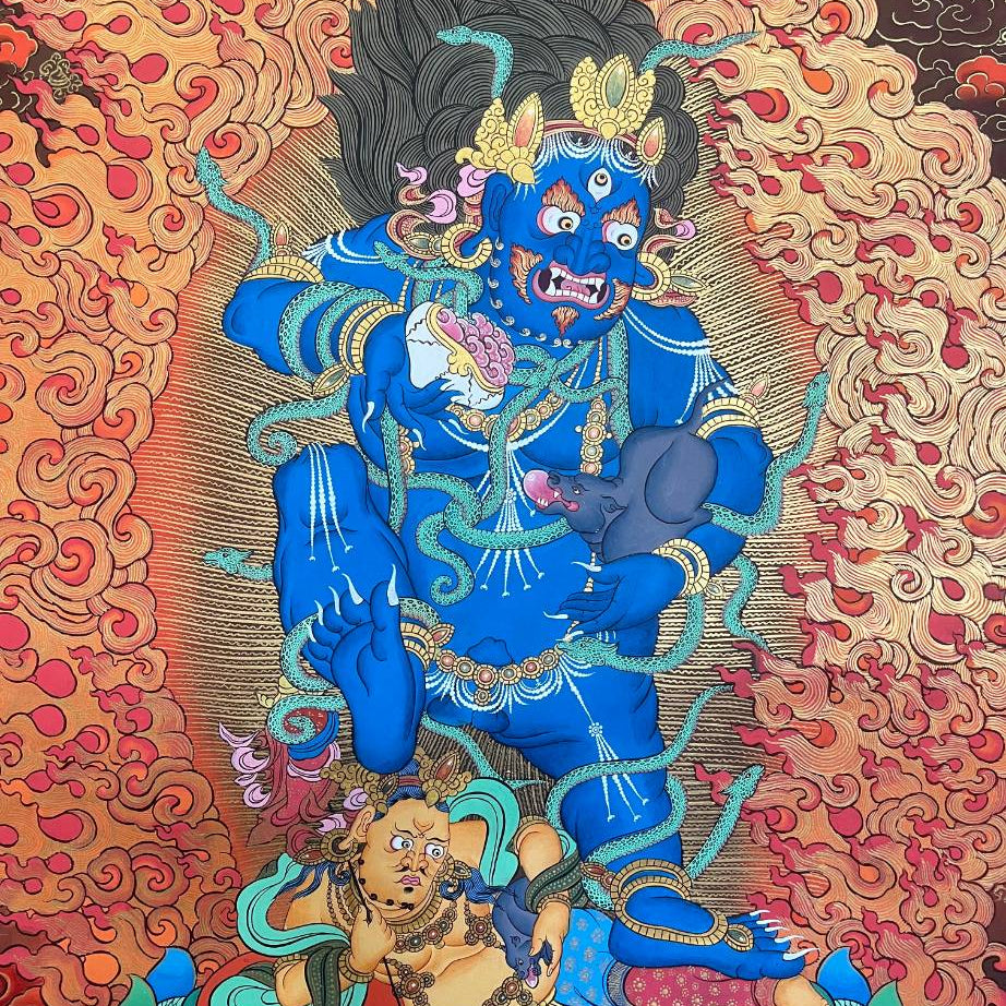 Zambala Thangka Painting - Tibetan Art-Wrathful Zambala – Symbolizes wealth, protection, and overcoming financial obstacles.