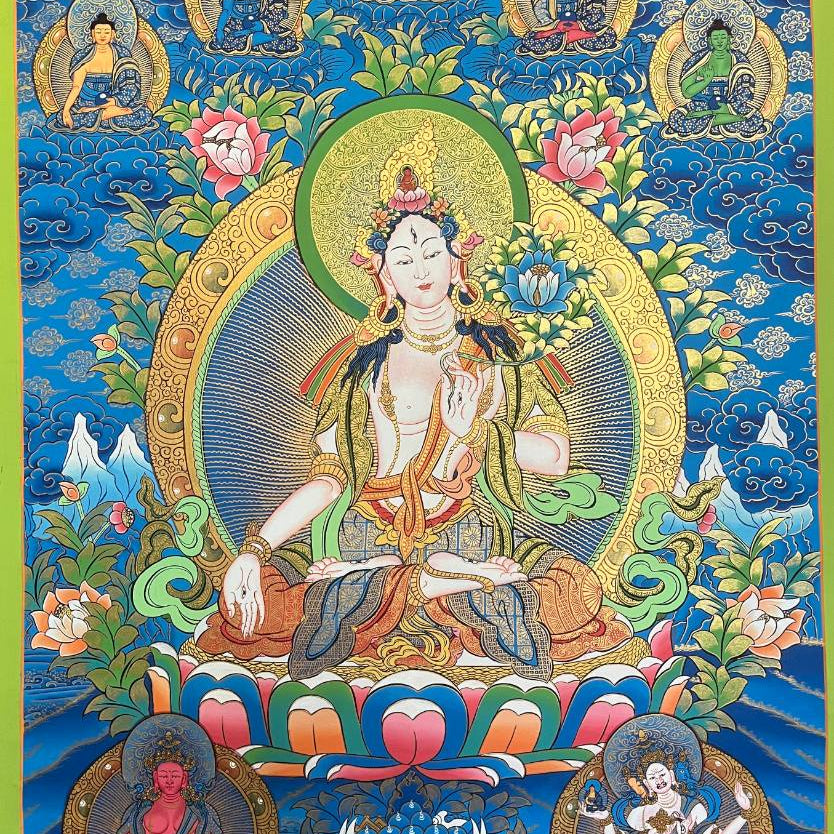 White Tara Thangka  with Blue Background- Hand painted  Art