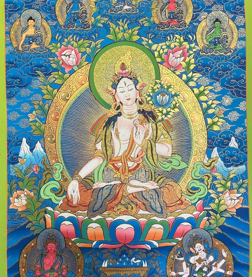 White Tara Thangka  with Blue Background- Hand painted  Art