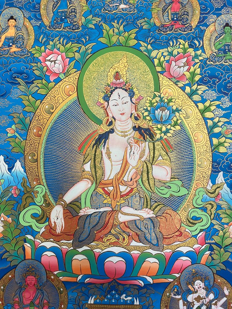 White Tara Thangka with Blue Background - Hand painted  Art