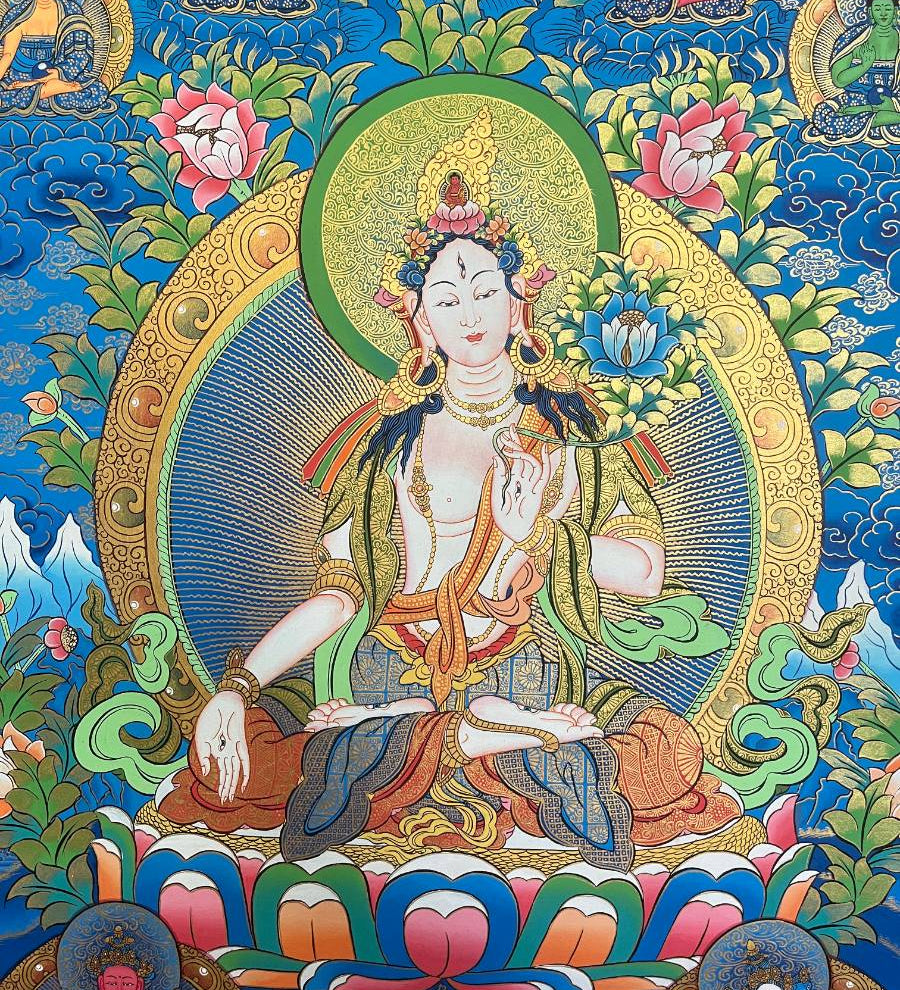 White Tara Thangka with Blue Background - Hand painted  Art