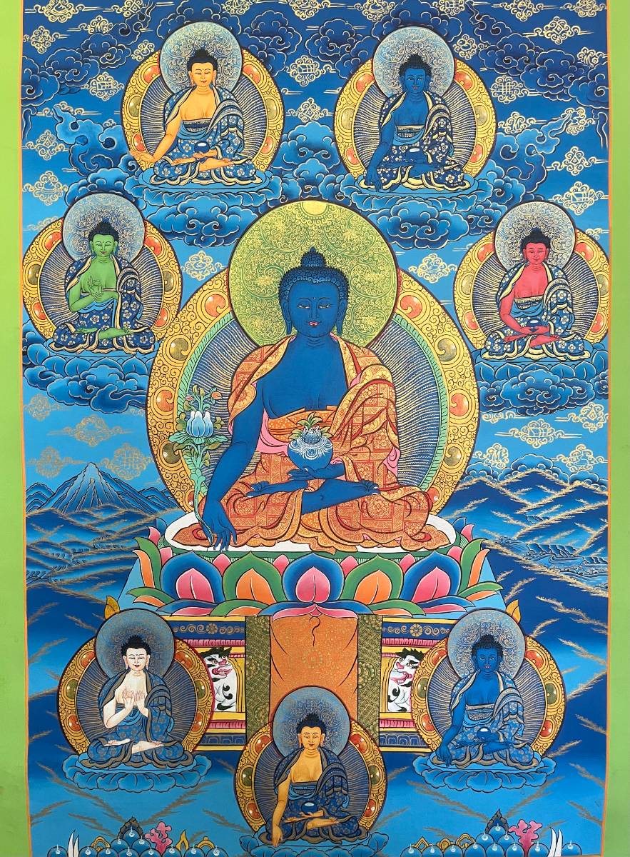 Medicine Buddha Thangka on Blue Background