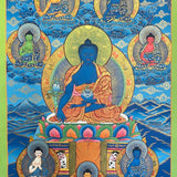 Medicine Buddha Thangka on Blue Background