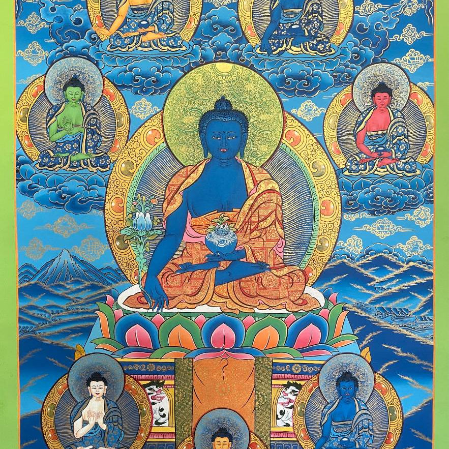 Medicine Buddha Thangka on Blue Background