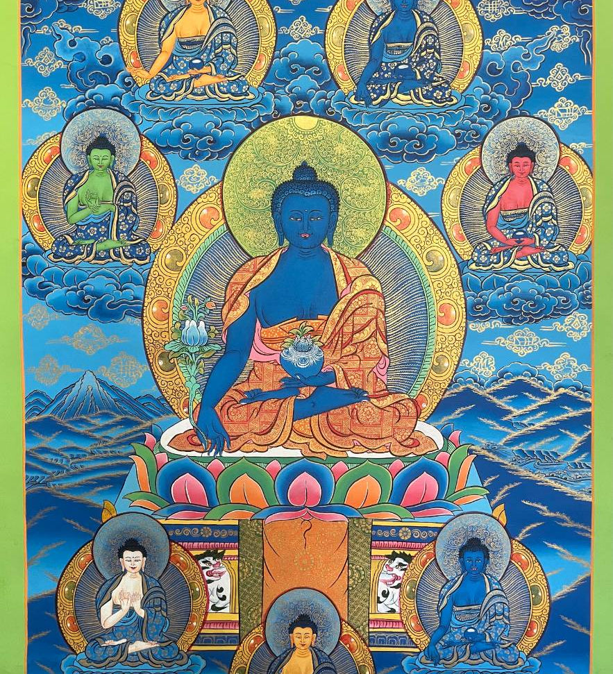 Medicine Buddha Thangka on Blue Background