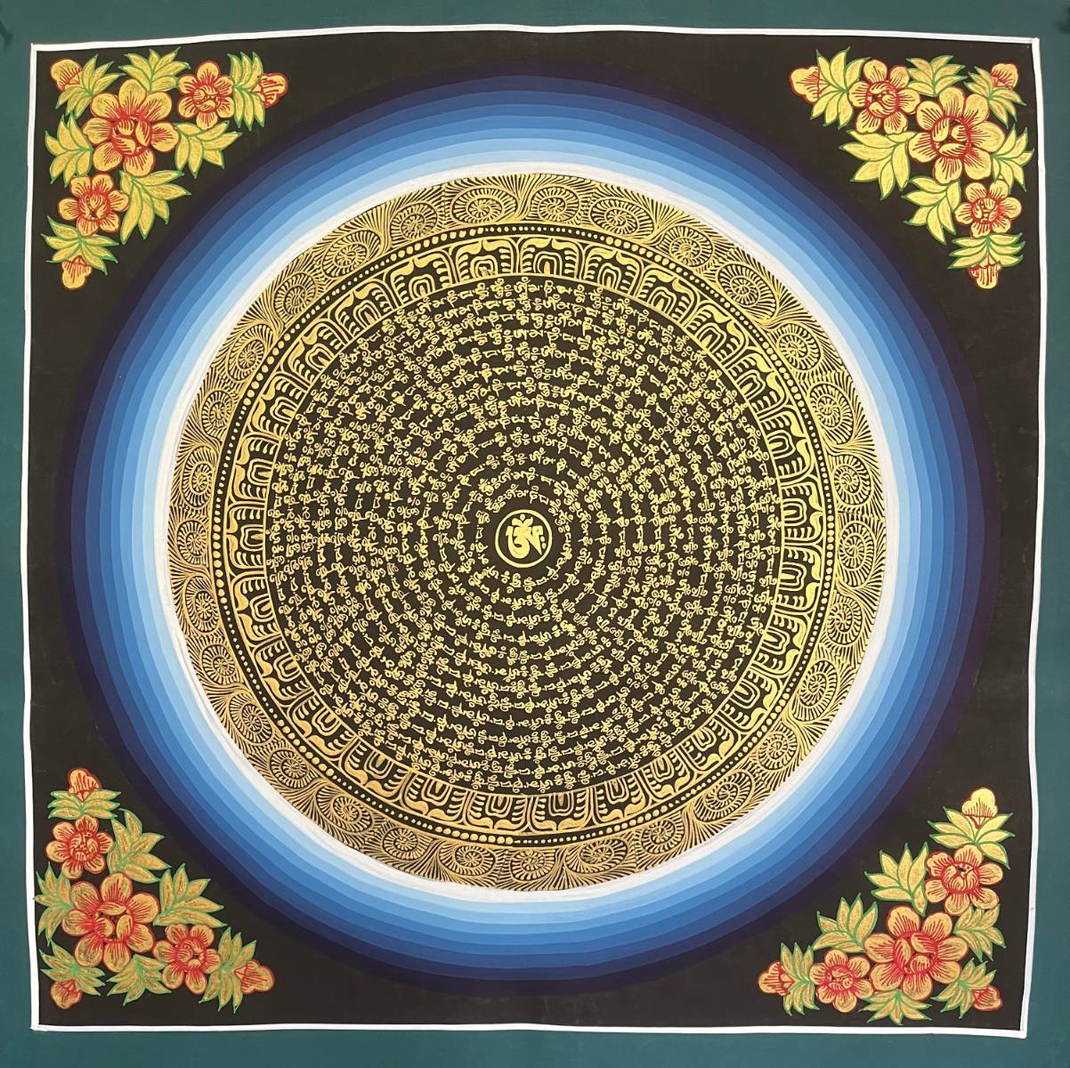 Mantra Mandala Thangka Painting - Sacred Tibetan Art with Blue Radiance