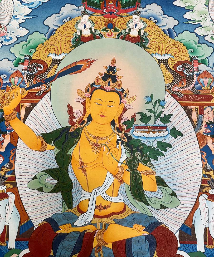 Manjushri Thangka Painting for wall hanging decor.