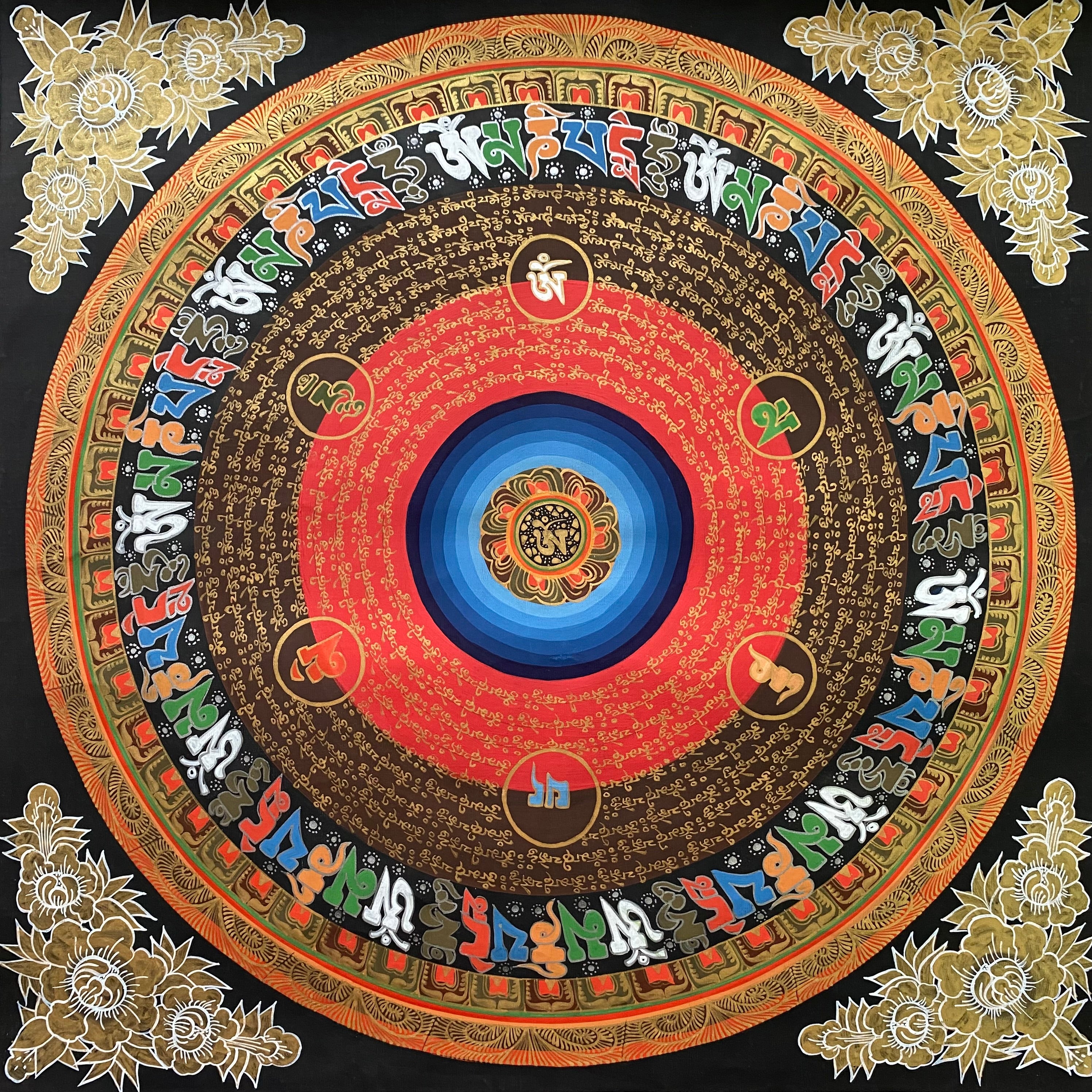 Handpainted Mantra Mandala Thangka - Sacred Tibetan Art