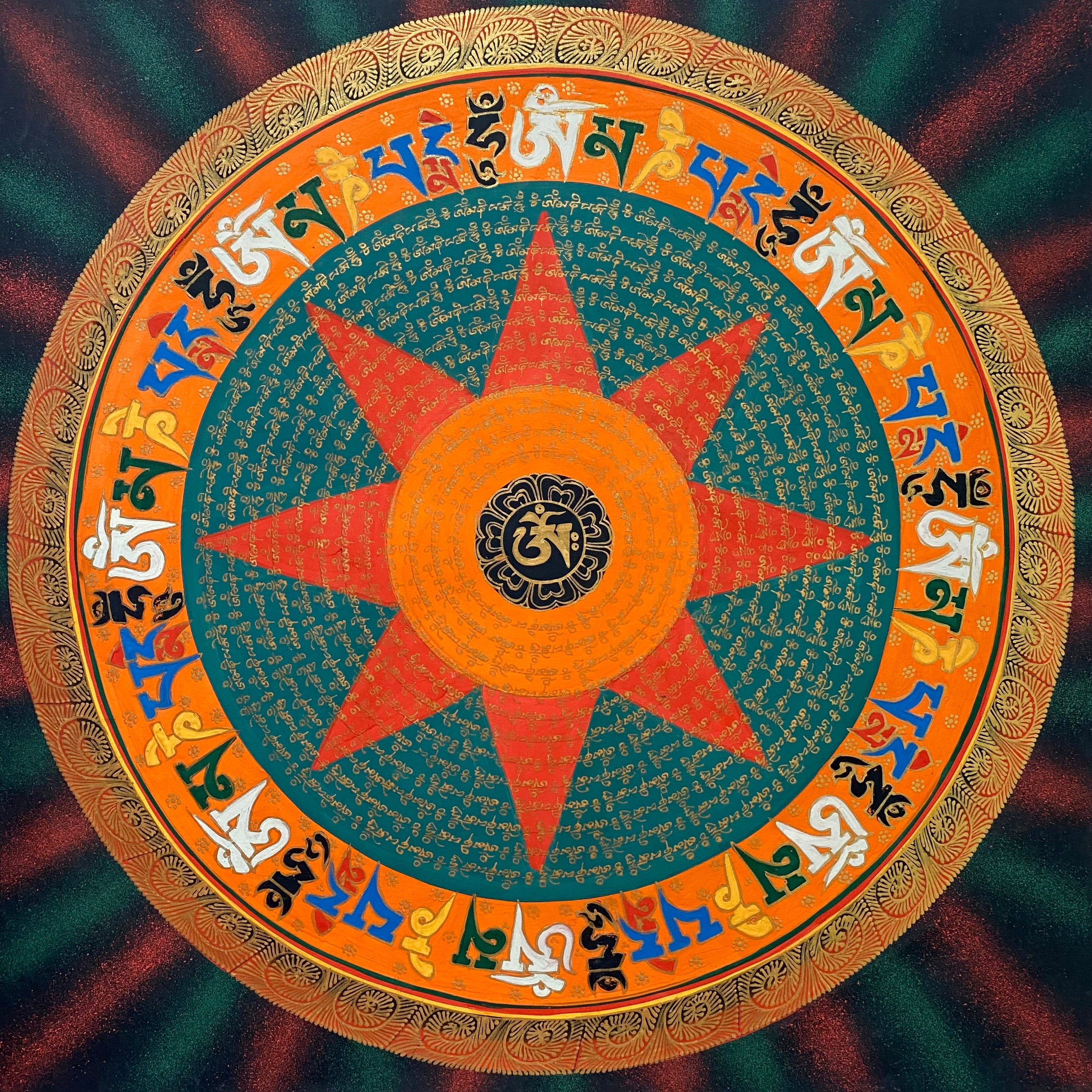 Handpainted Mantra Mandala Thangka Painting - Wall hanging decor