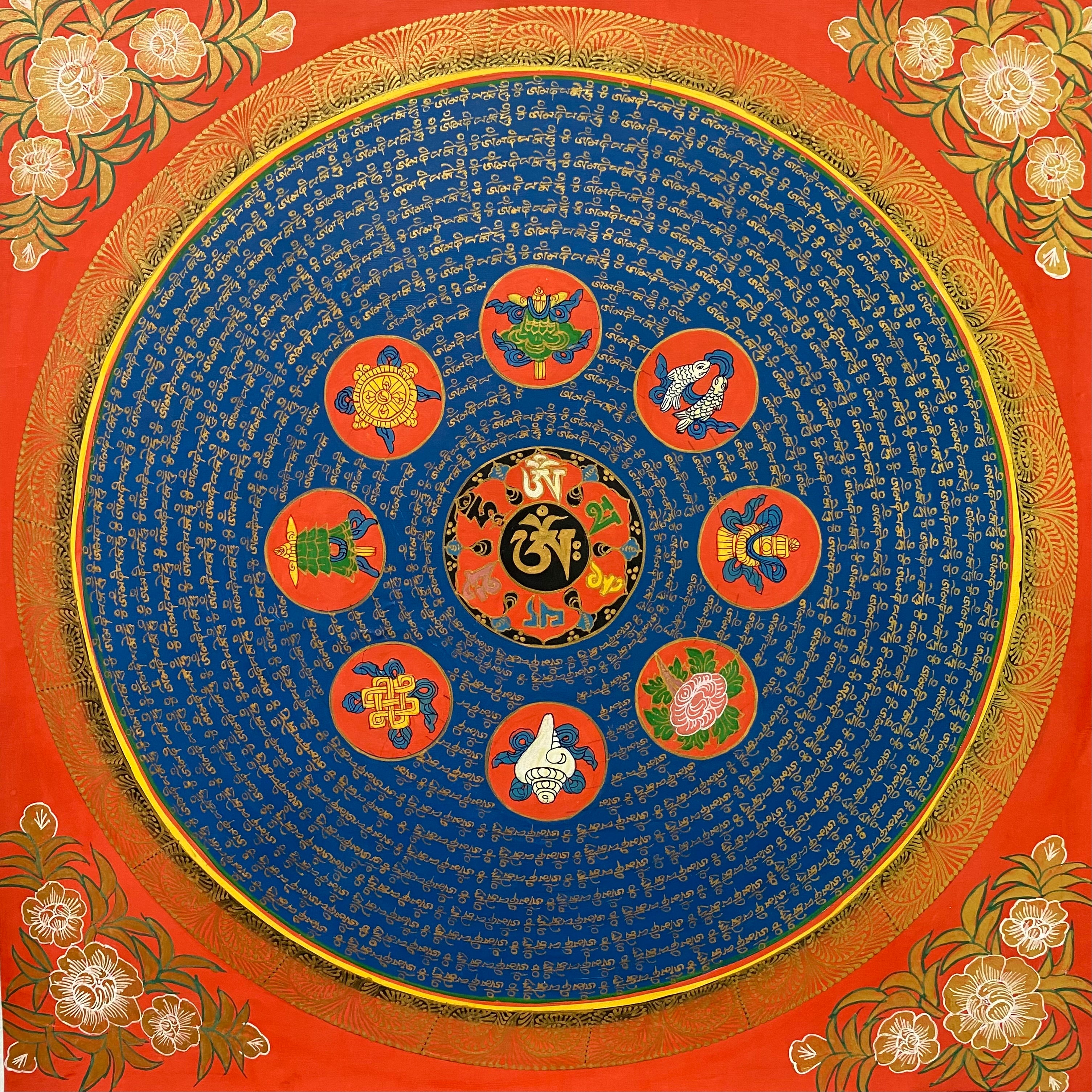  Mantra Mandala Thangka with 8 Auspicious Symbol.