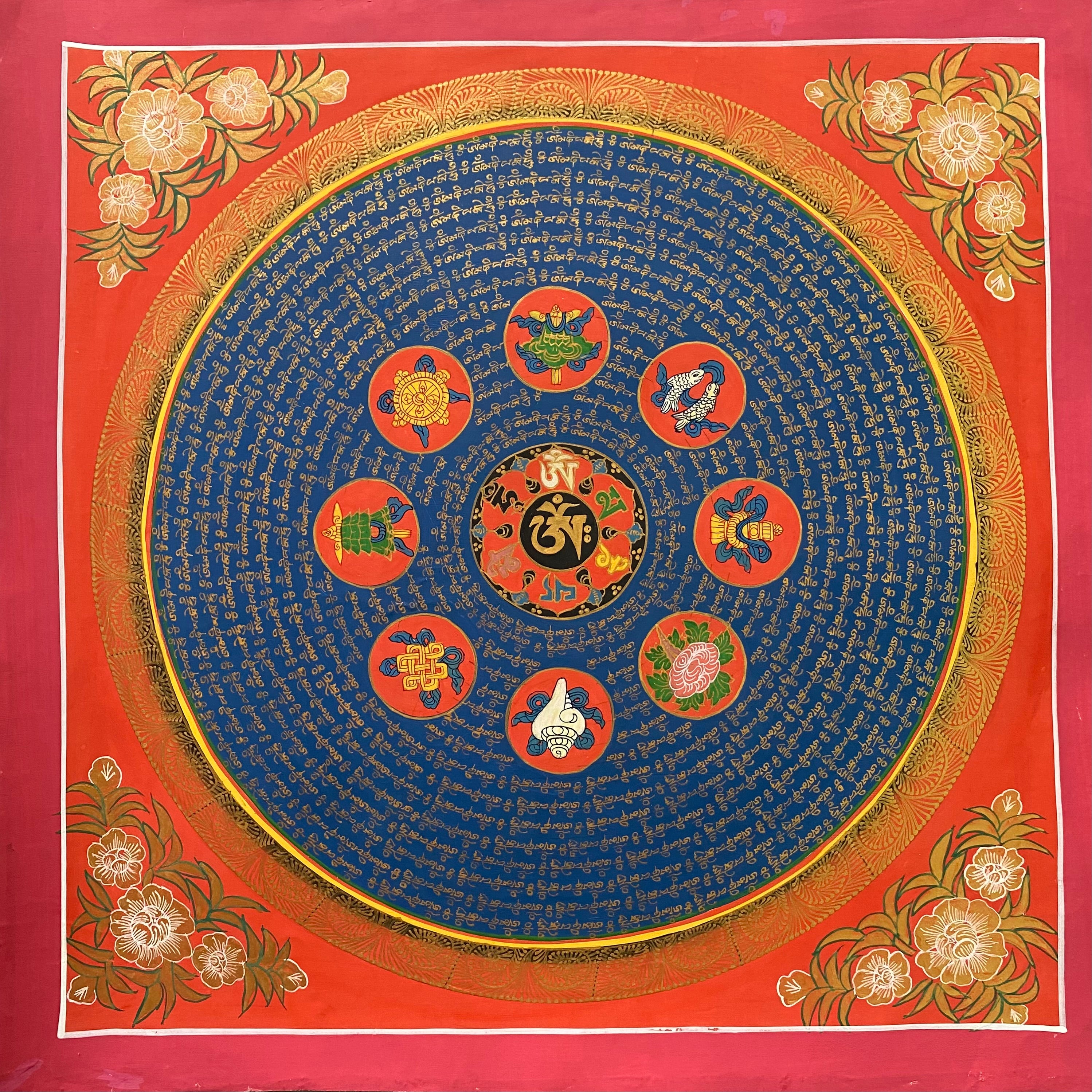  Mantra Mandala Thangka with 8 Auspicious Symbol.