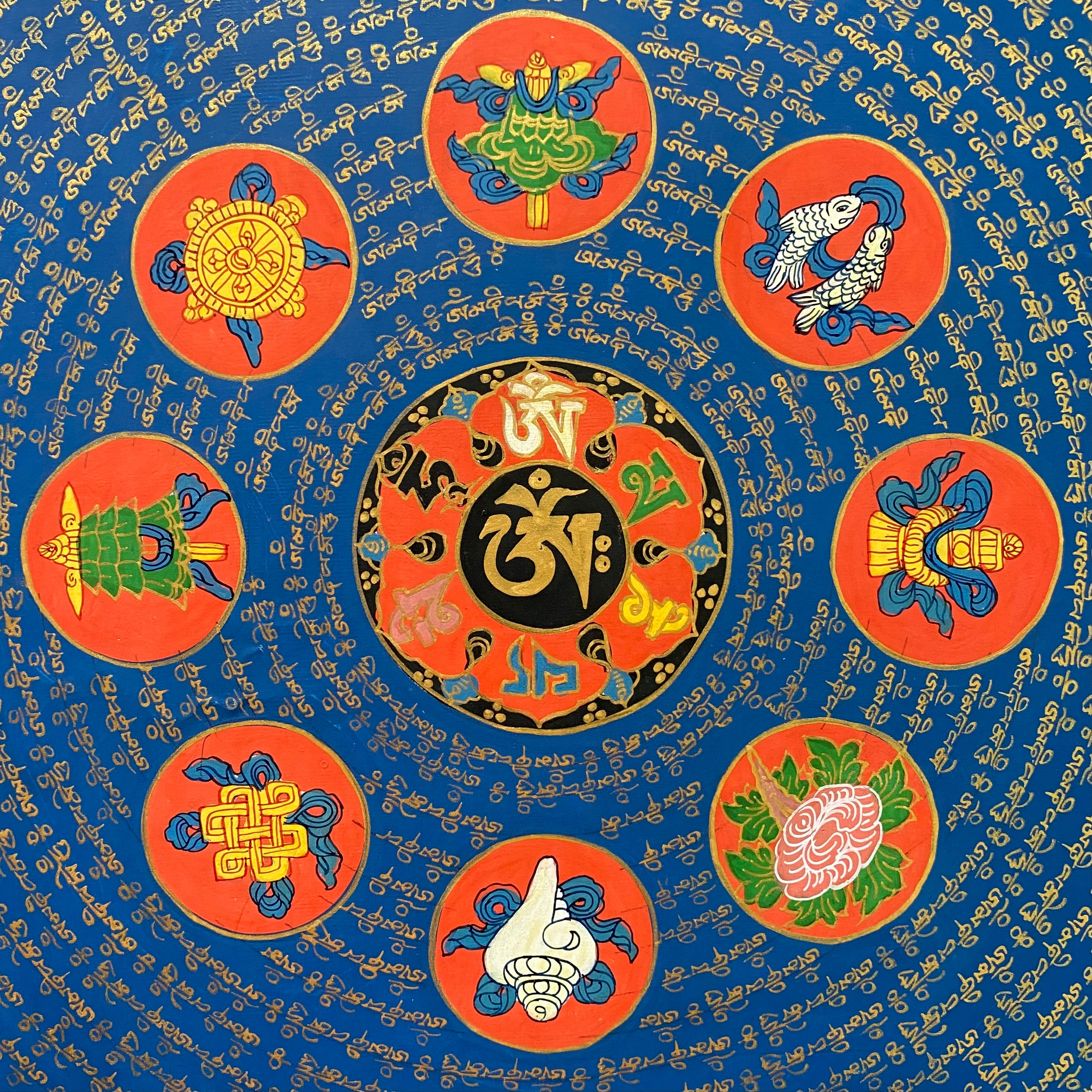  Mantra Mandala Thangka with 8 Auspicious Symbol.