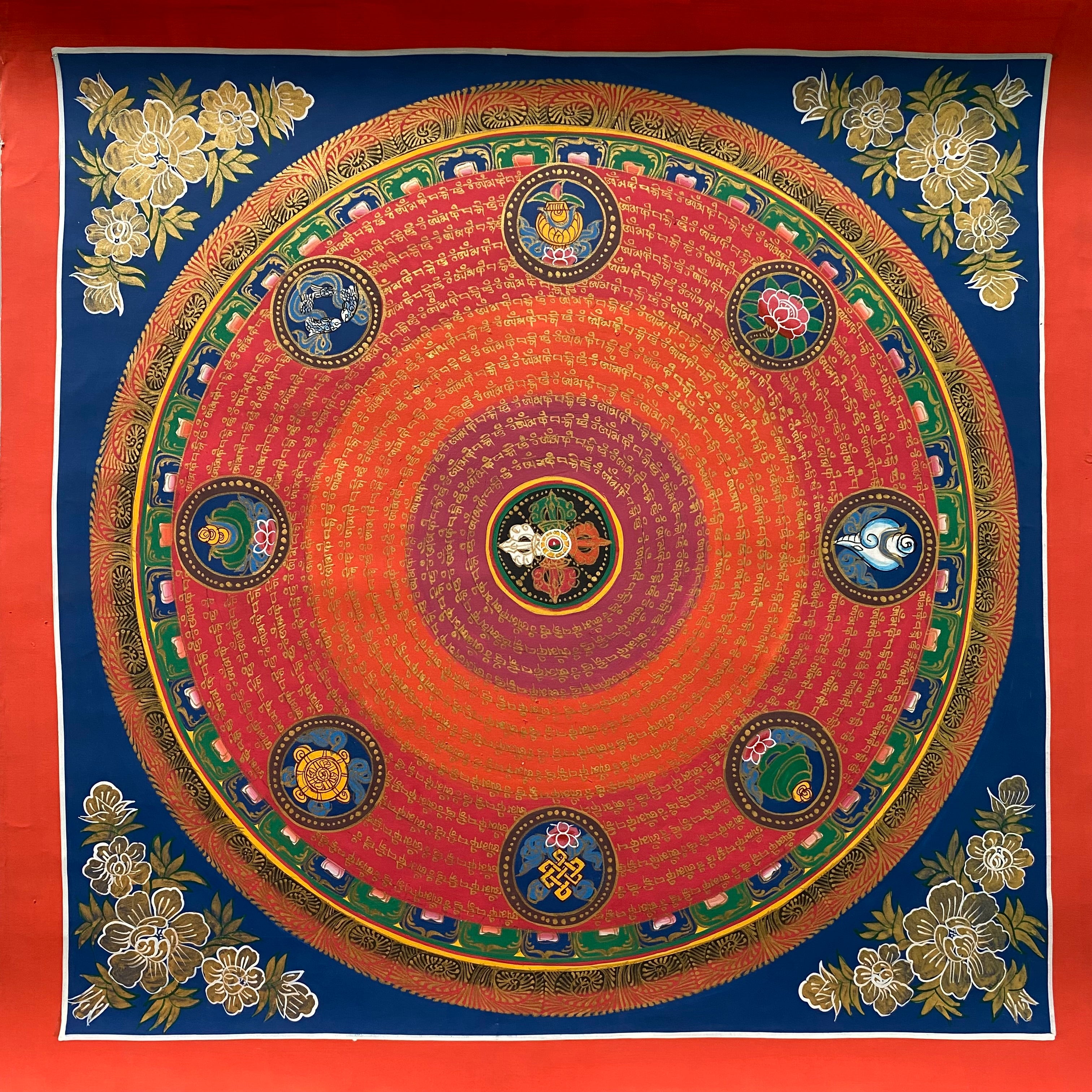 Mantra Mandala Thangka Painting with 8 Auspicious Symbol for wall decor.