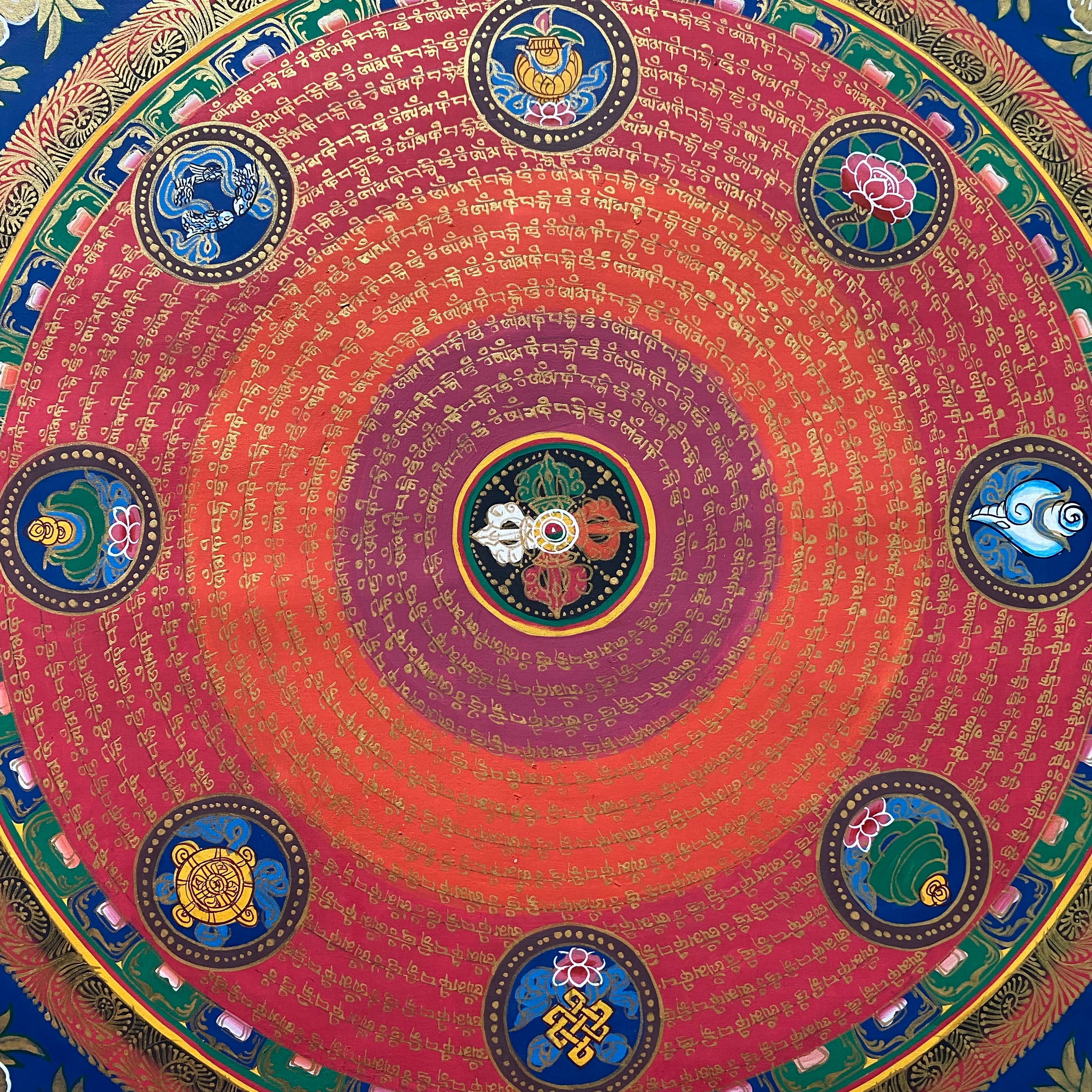 Mantra Mandala Thangka Painting with 8 Auspicious Symbol for wall decor.