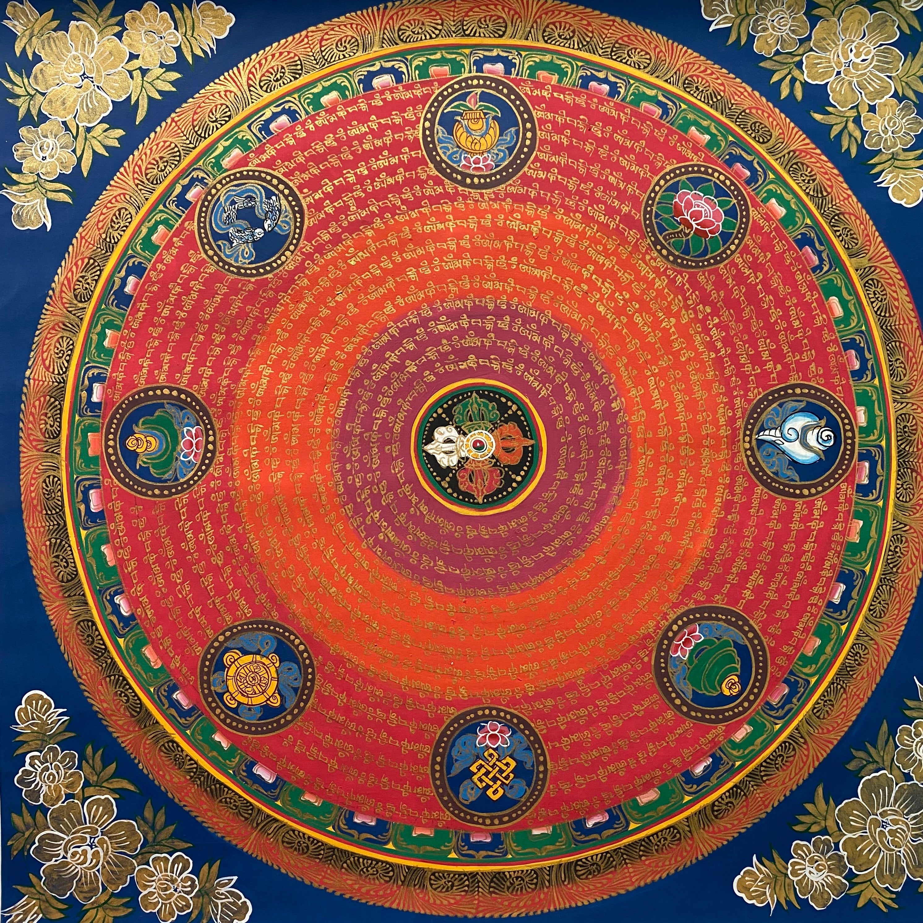 Mantra Mandala Thangka Painting with 8 Auspicious Symbol for wall decor.