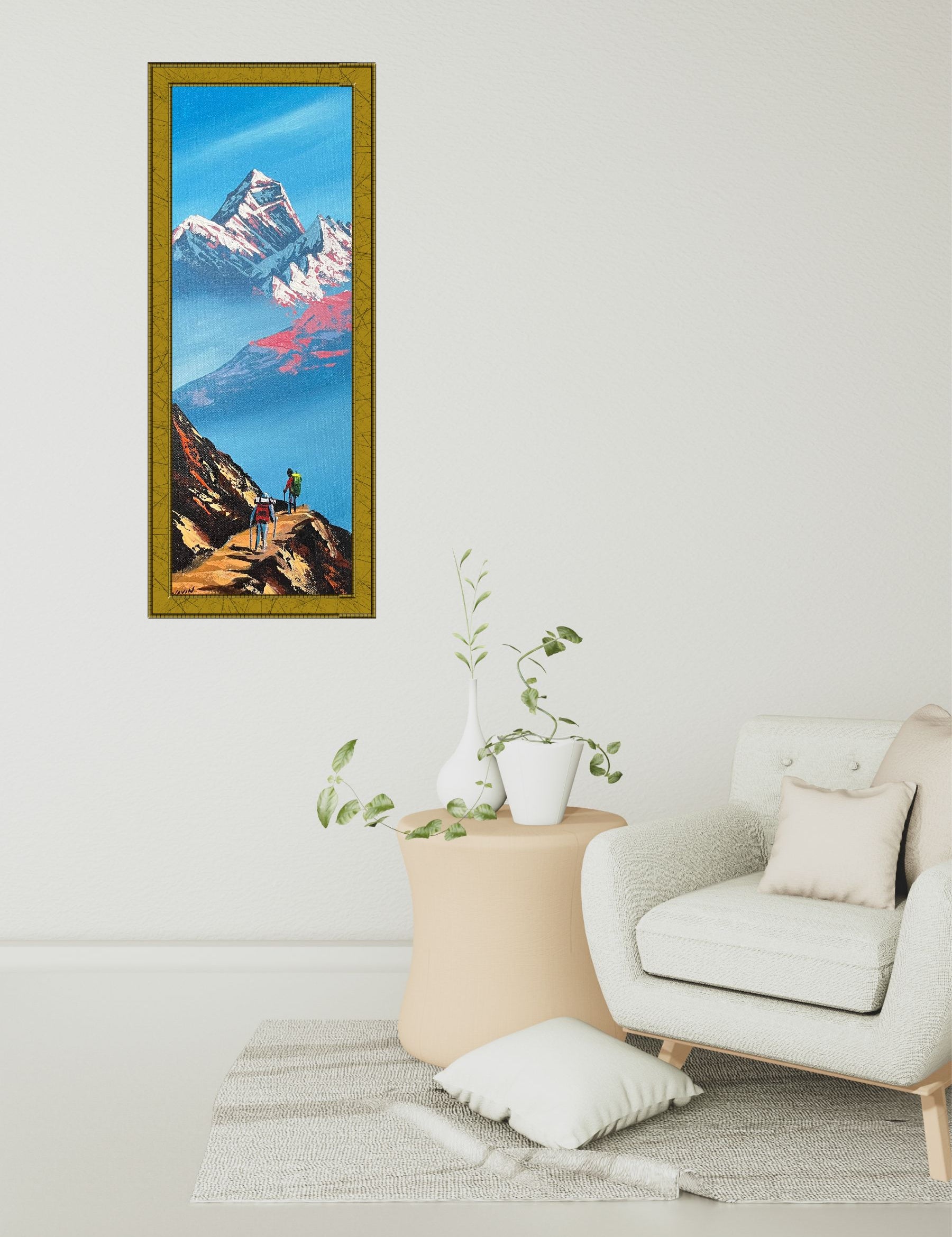 Majestic Mount Everest Oil Painting with Trekkers