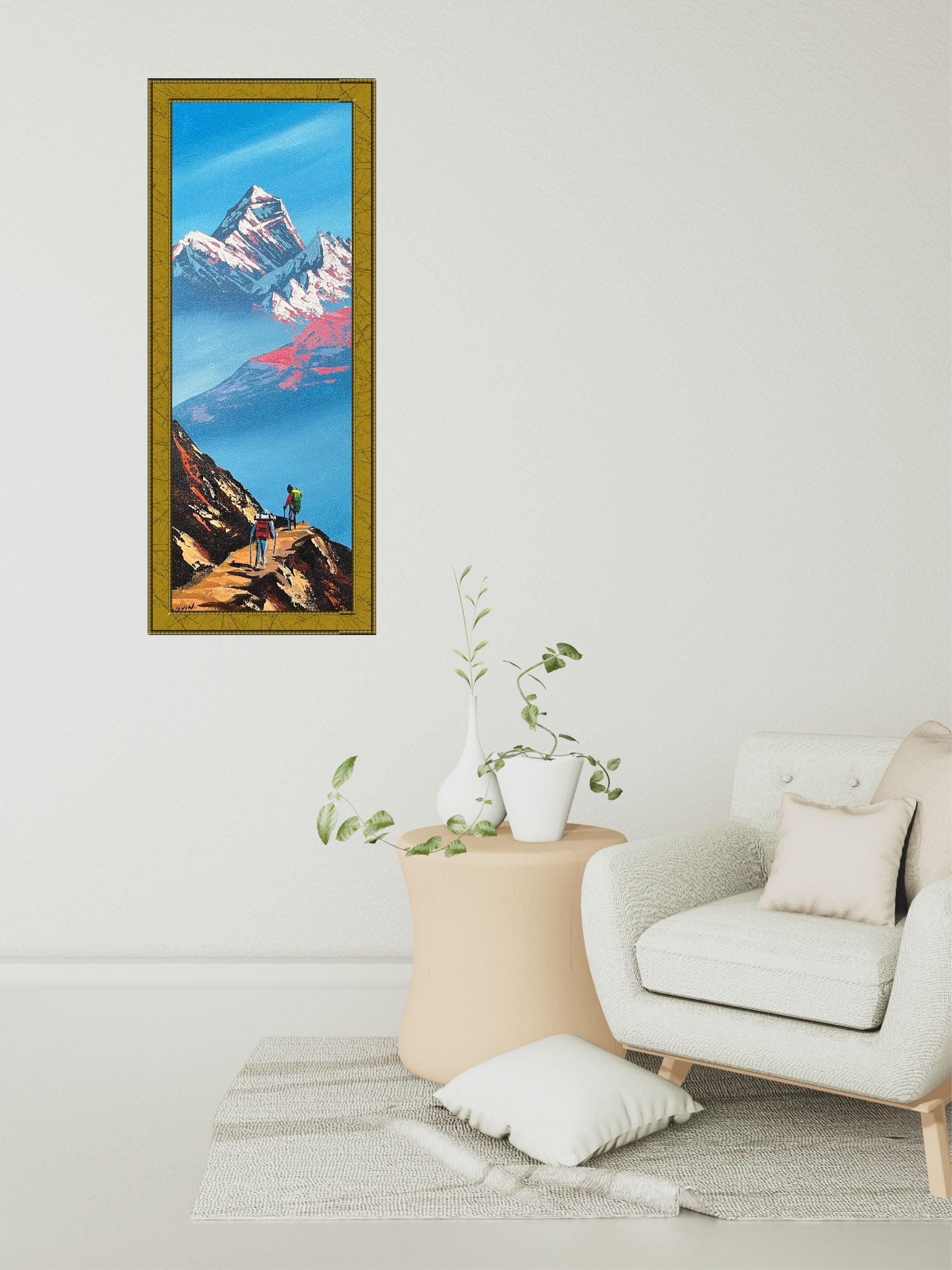 Majestic Mount Everest Oil Painting with Trekkers