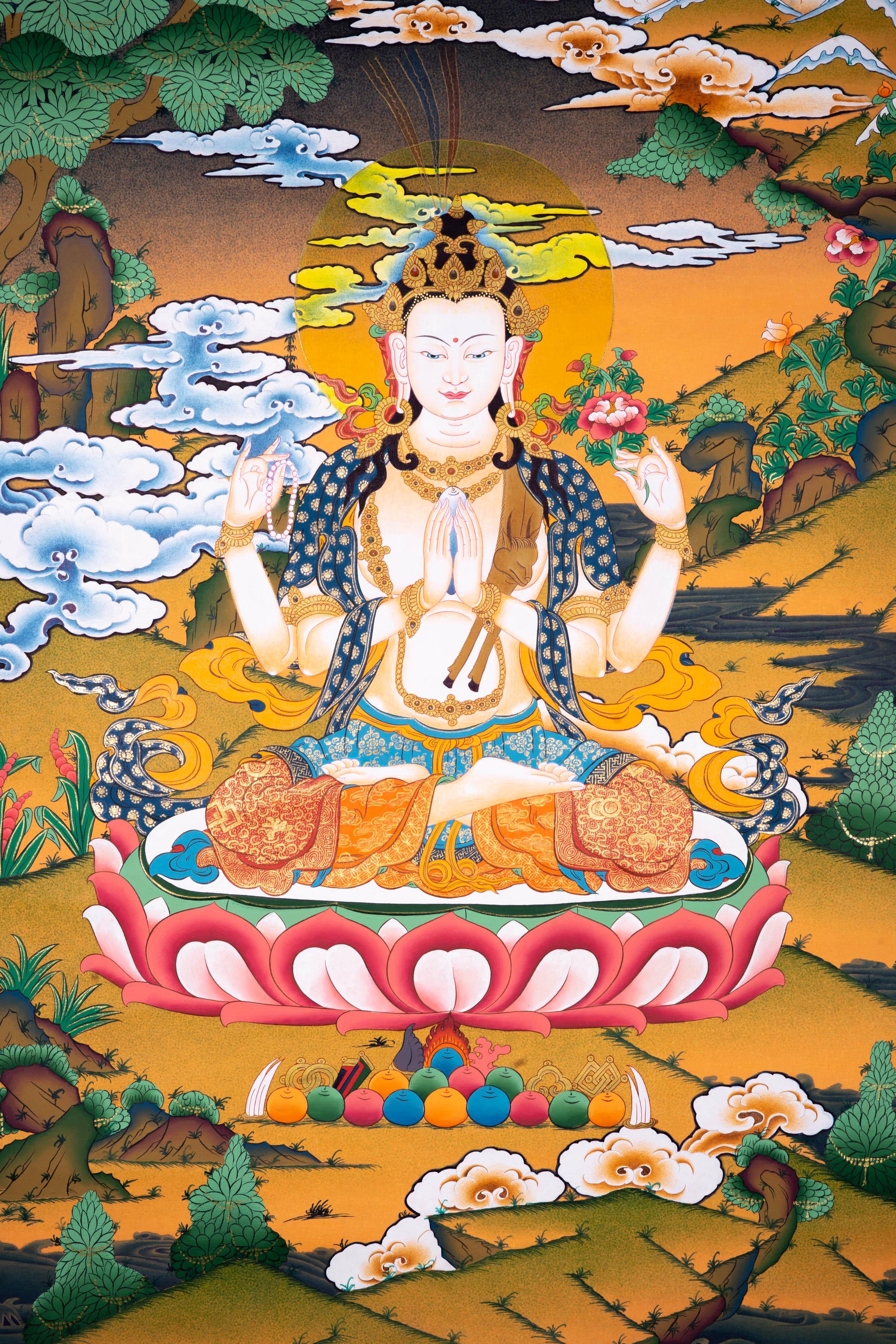 Chenrezig Thangka with 4 Arm - Himalayas Shop