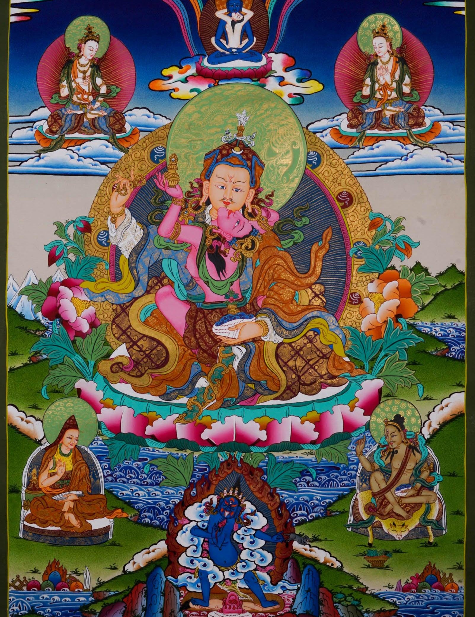 Thangka Painting - Guru Rinpoche with his consort  - Handmade thangka painting - HimalayasShop