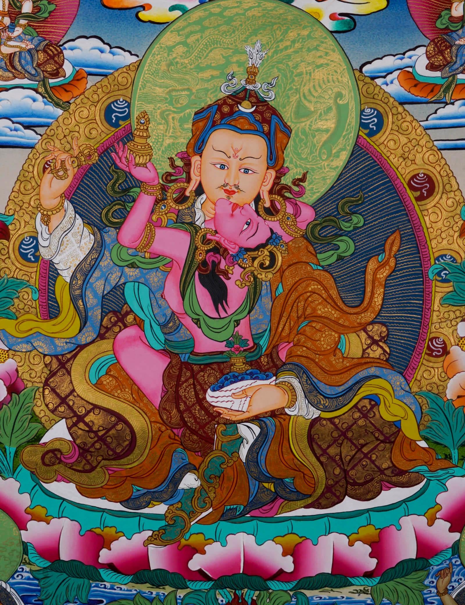 Thangka Painting - Guru Rinpoche with his consort - Himalayas Shop