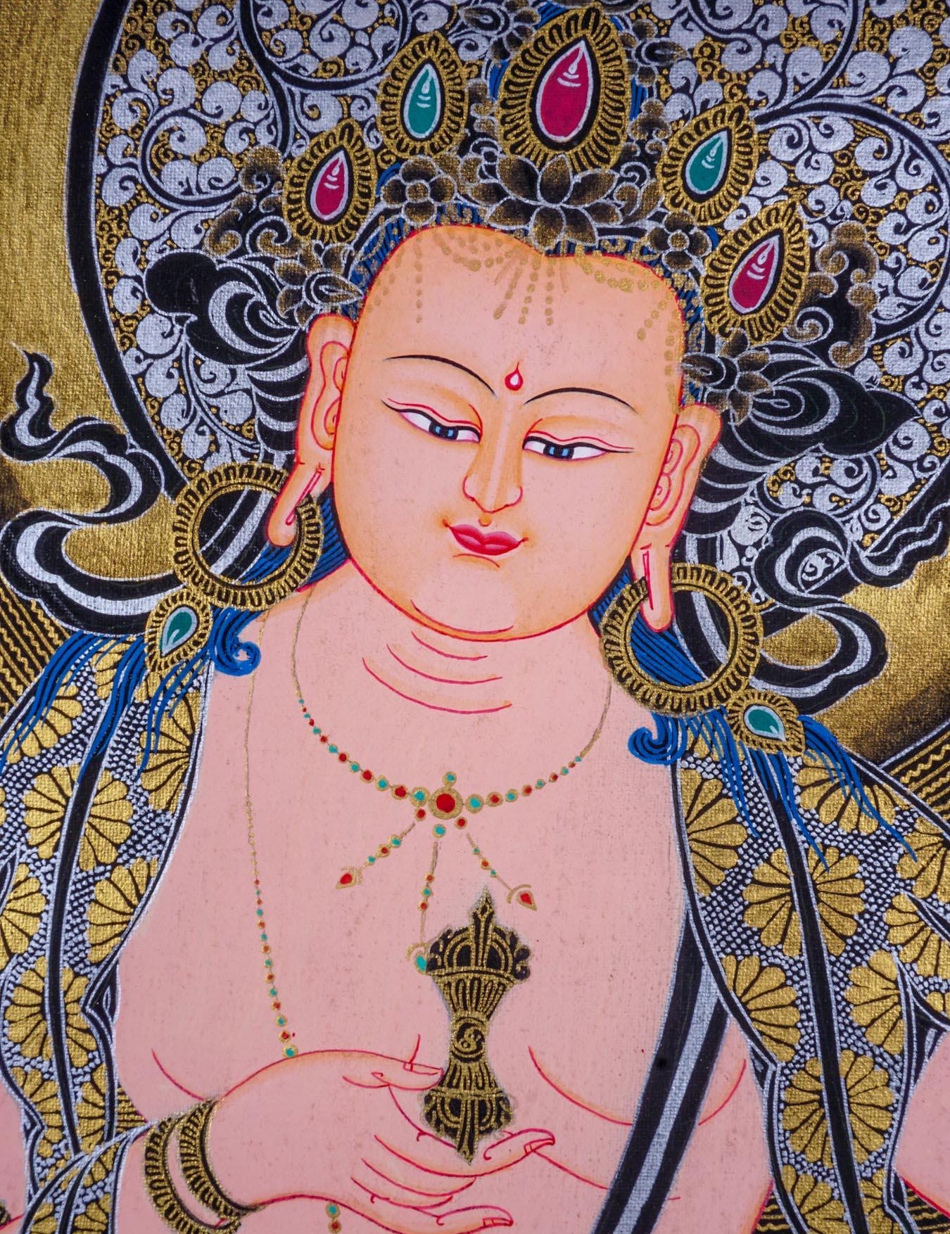 Vajrasattva Tibetan thangka art on canvas with gold and silver paint