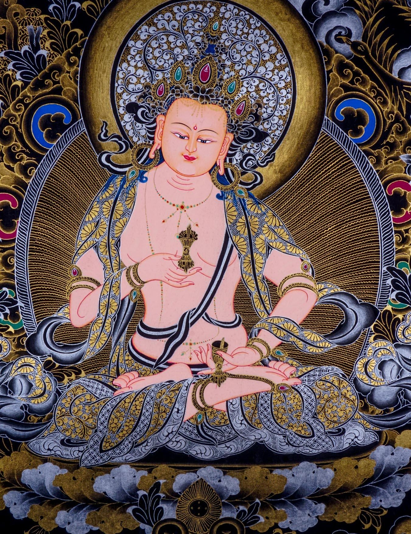 Vajrasattva Tibetan thangka art on canvas with gold and silver paint