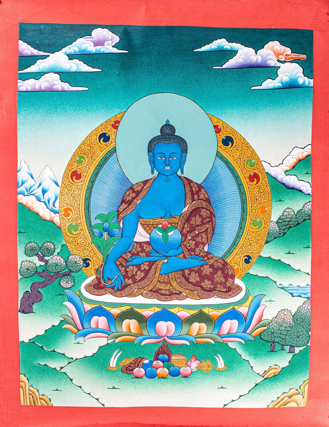 Medicine Buddha Tibetan Thangka Painting on cotton canvas