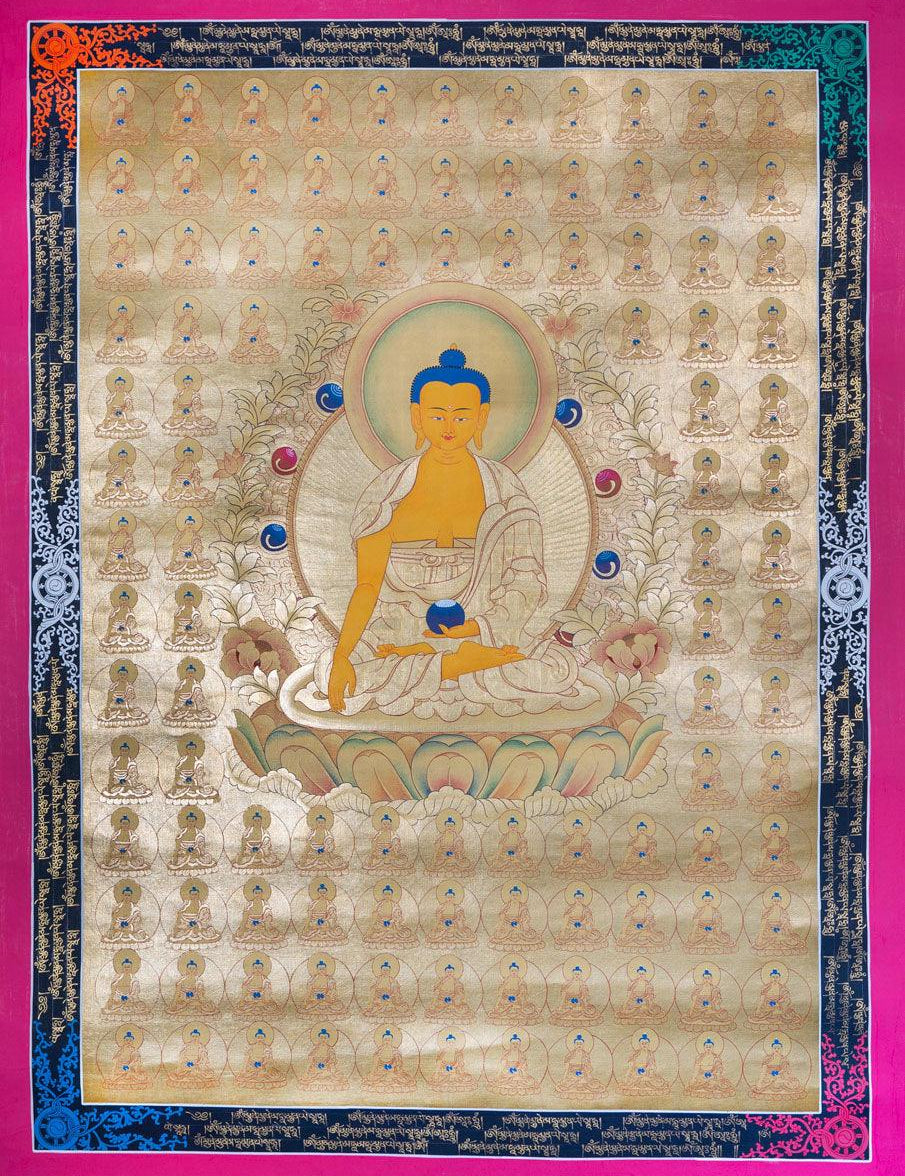 108 Buddha Thangka painting on cotton Canvas with 24 K Gold. A master piece Tibetan Thangka art from Nepal. 