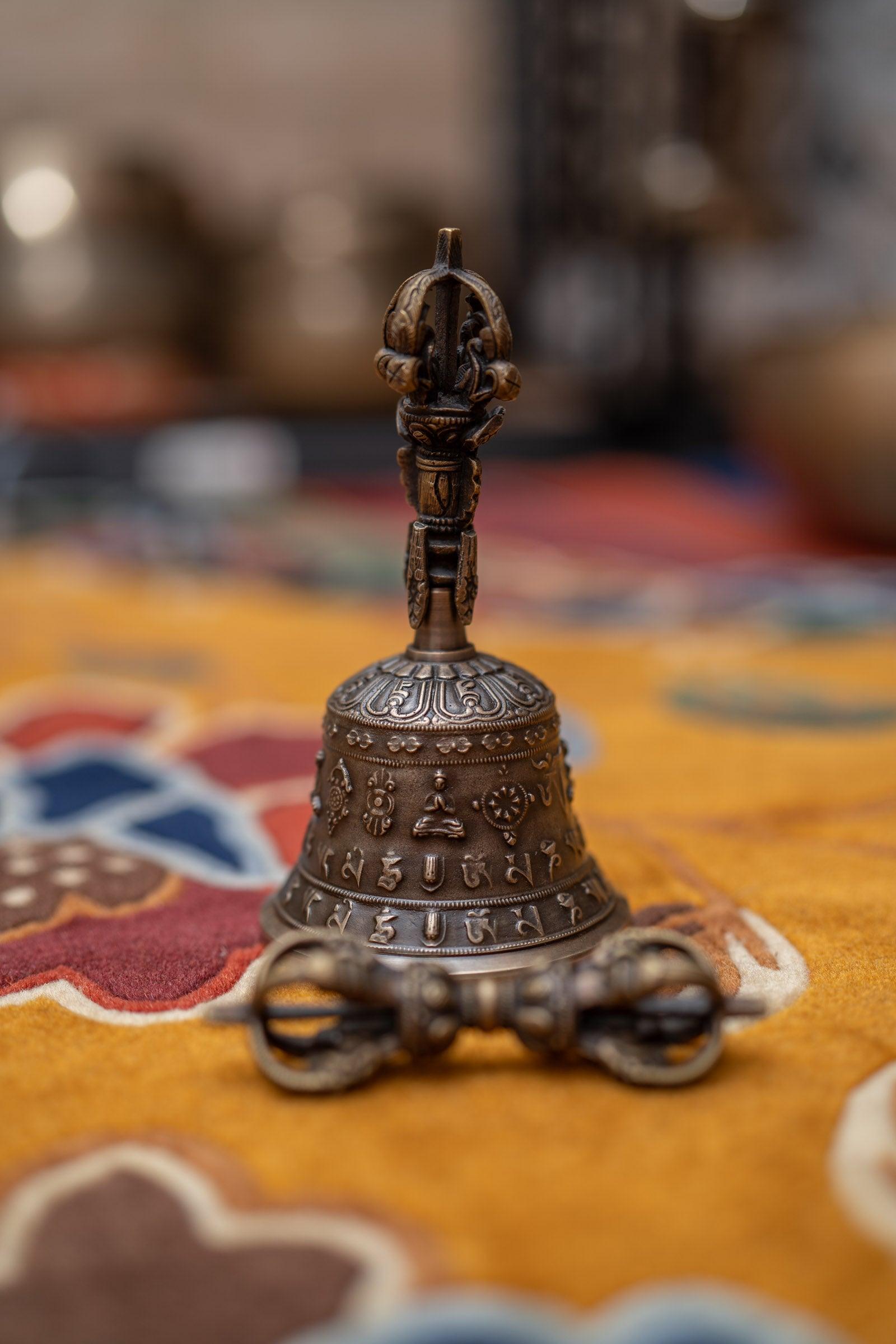 6.8 Rare Old Tibetan Filigree Gold Gems Buddhism Dorje Vajra Bell & Holder