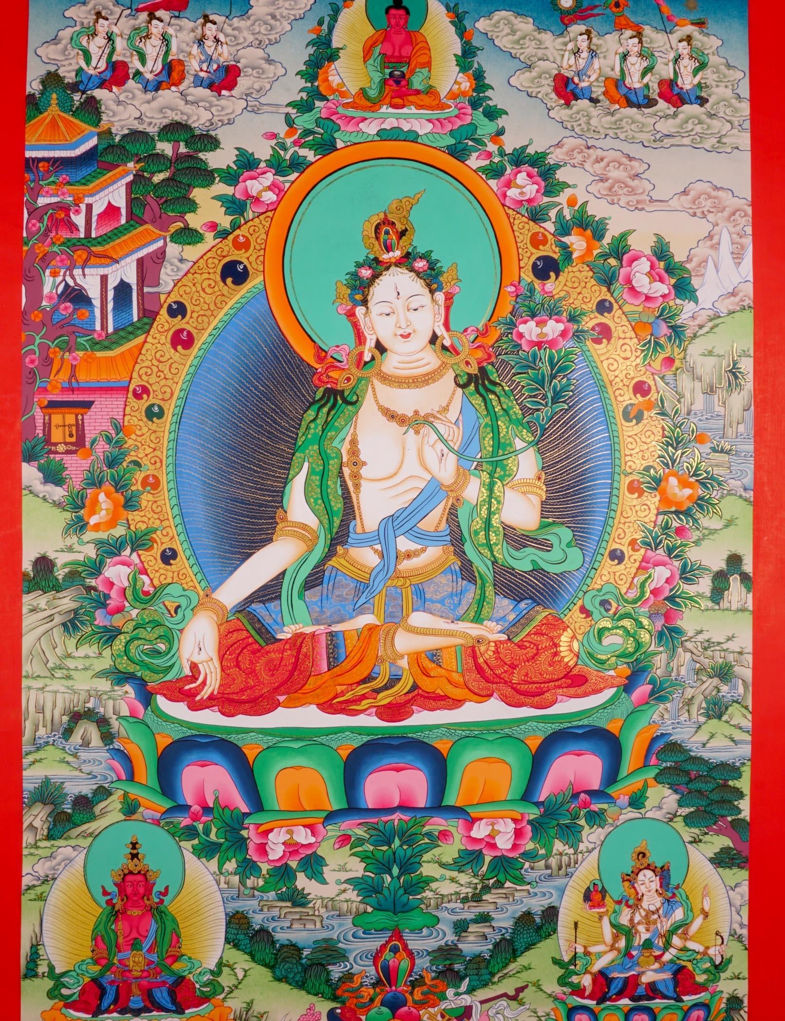 White Tara  Tibetan Thangka art female boddhisattva spiritual art for meditation and spiritual practice. 