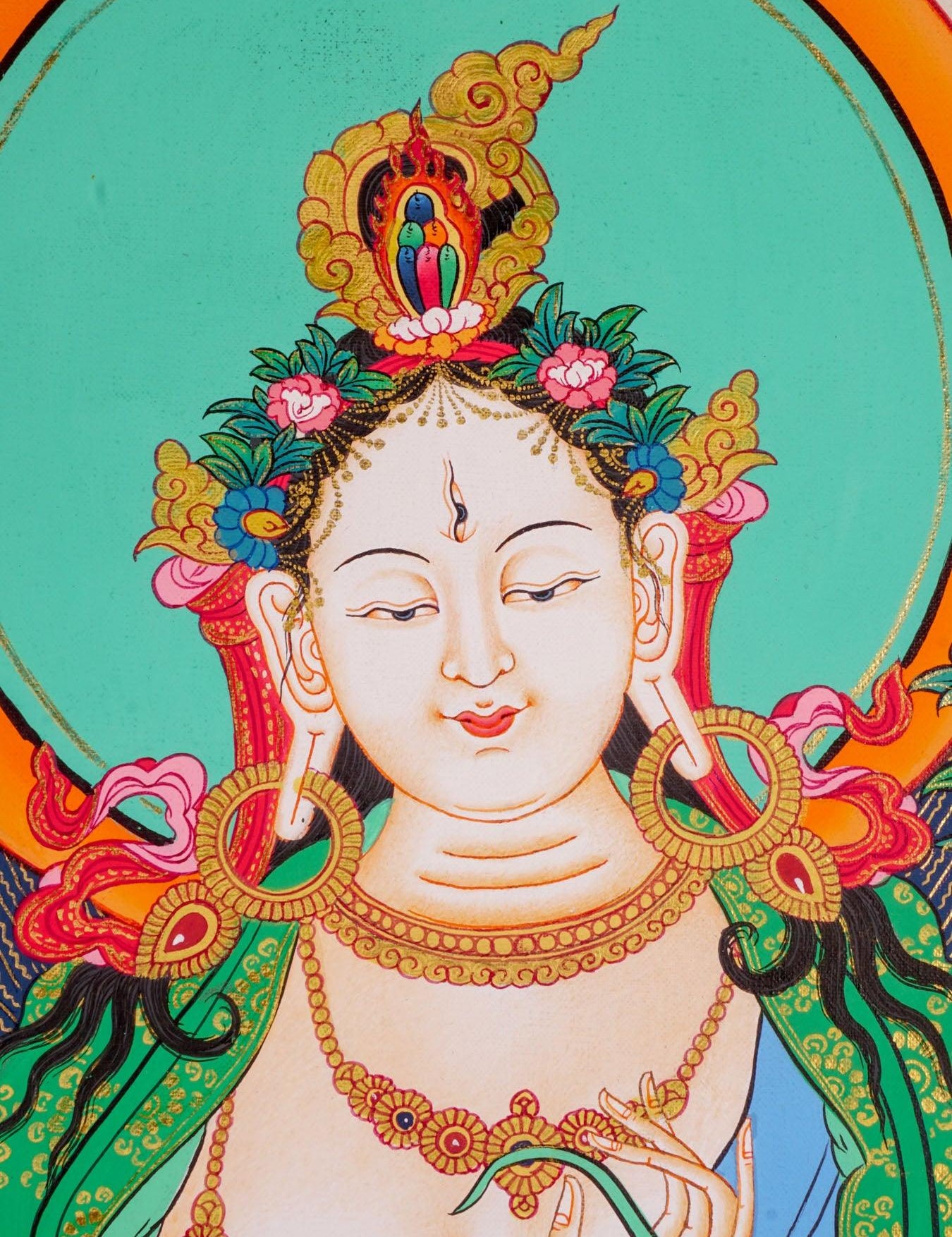 White Tara  Tibetan Thangka art female boddhisattva spiritual art for meditation and spiritual practice. 