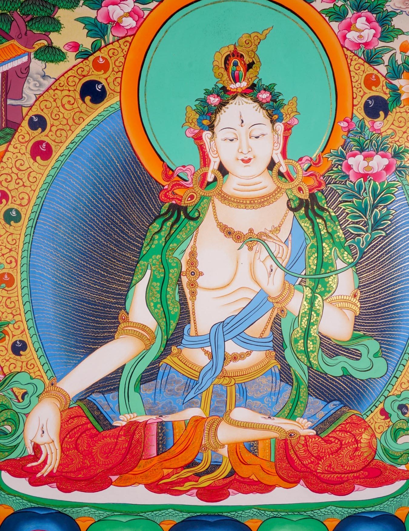 White Tara  Tibetan Thangka art female boddhisattva spiritual art for meditation and spiritual practice. 