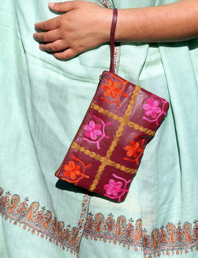 Beautiful handmade wristlet purse with Kashmiri embroidery for everyday use.