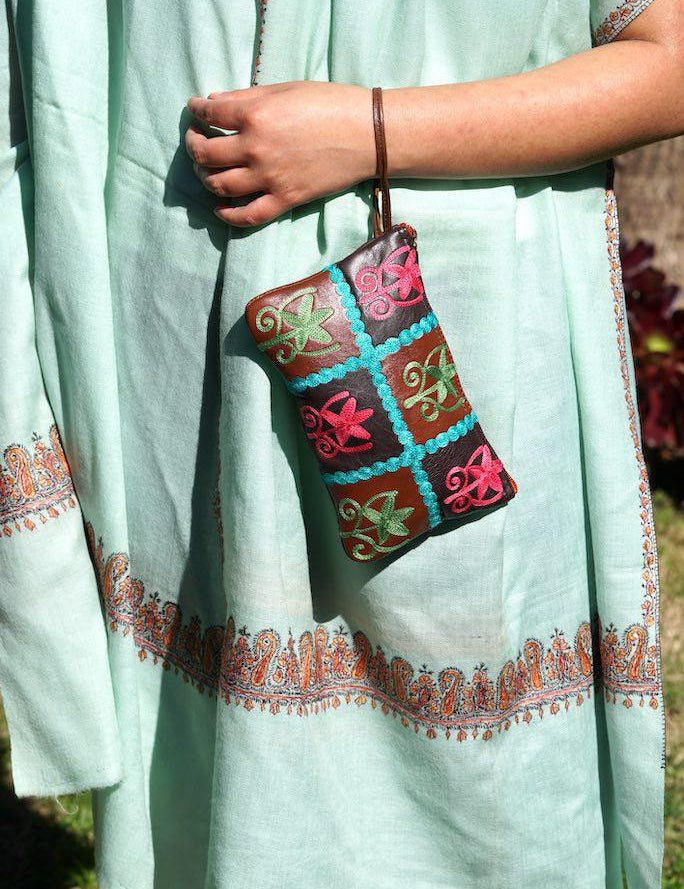 Everyday purse with beautiful handmade cashmere embroidery,  boho style wristlet purse.