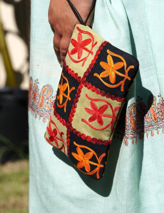 Everyday purse with beautiful handmade cashmere embroidery,  boho style wristlet purse.