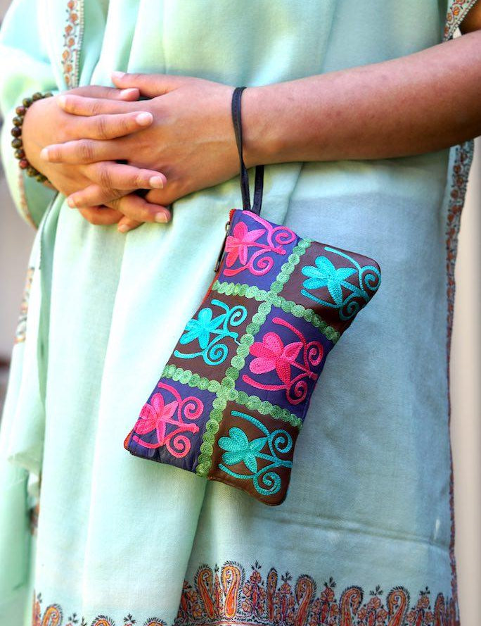 Everyday purse with beautiful handmade cashmere embroidery,  boho style wristlet purse.