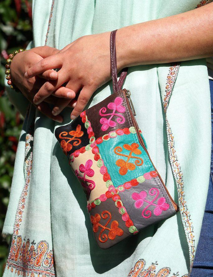 Fair trade womens purse with kashmiri design hand embroidery colorful purse.