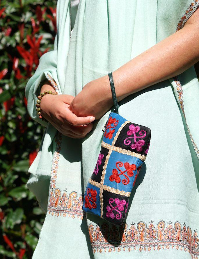 Fair trade womens purse with kashmiri design hand embroidery colorful purse.