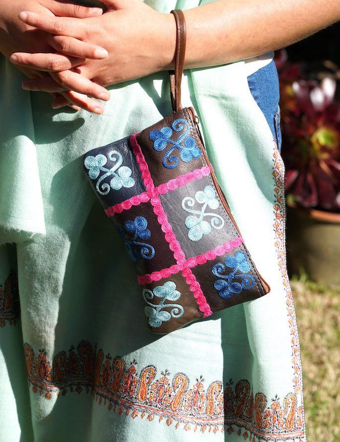 Fair trade womens purse with kashmiri design hand embroidery colorful purse.