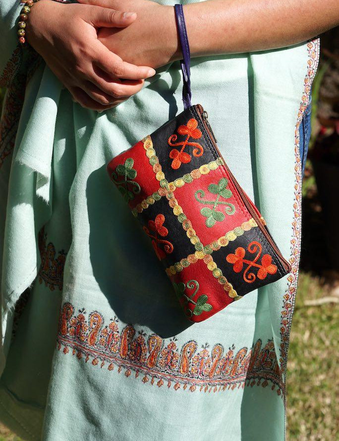 Fair trade womens purse with kashmiri design hand embroidery colorful purse.