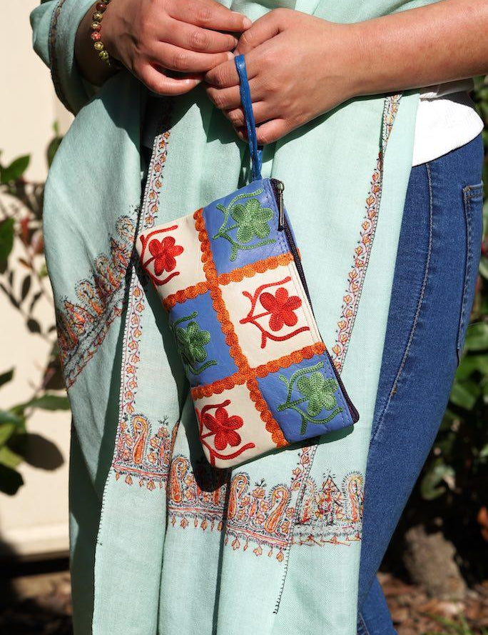 Beautiful handmade wristlet purse with Kashmiri embroidery for everyday use.