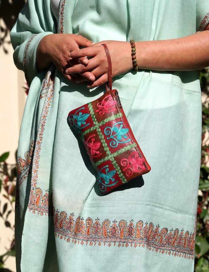 Everyday purse with beautiful handmade cashmere embroidery,  boho style wristlet purse.